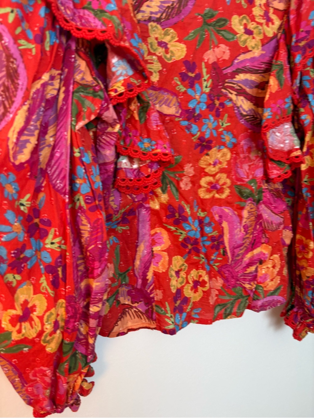 FARM Rio Women’s Red Spring Bananas L/S Crotchet Trim Blouse Size S Sku #181 - Picture 10 of 13